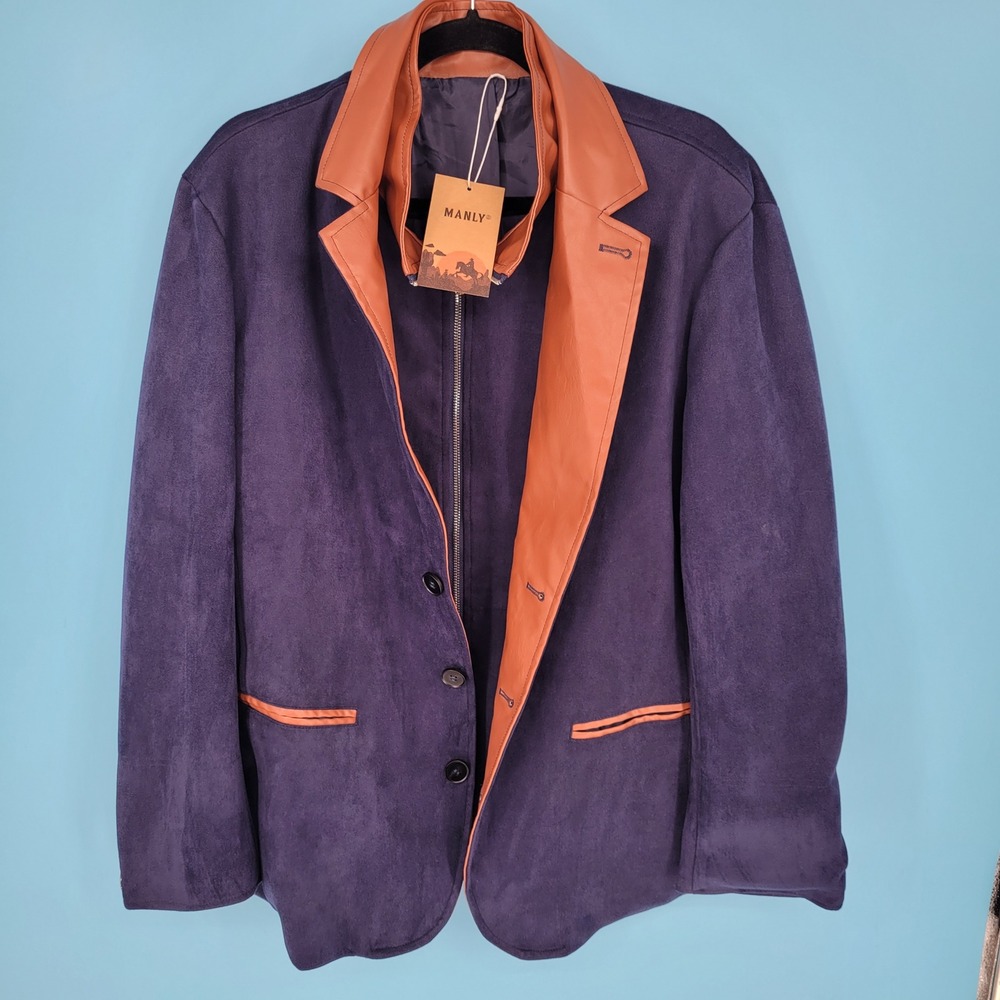 Manly Men Retro Single Breasted Blazer Jacket Navy Faux Suede Leather Trim NWT